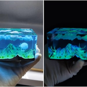 Diorama de resina de Patronus / Arte en miniatura / Brillo fantasmal de los ciervos del bosque / Patornus en el Bosque Encantado / Regalos de Patornus / Regalo de bruja cloud+2deer
