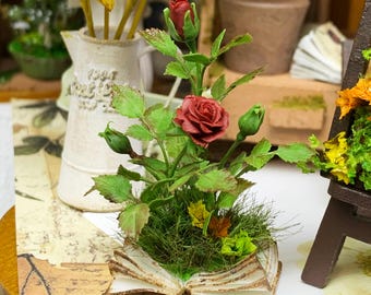 Miniature Rose Growing from Book, Handmade Clay Sculpture, Lifelike Botanical Sculpture, Realistic Clay Austin Rose, Mini Clay Art