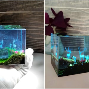 Puede incluir: Un cubo de resina transparente que presenta una escena de bosque en miniatura con dos ciervos, plantas y hongos. La escena est&aacute; iluminada con un brillo azul, creando un efecto m&aacute;gico. El cubo es sostenido por una mano enguantada.