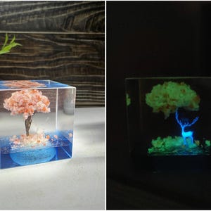 Puede incluir: Un cubo de resina transparente con un &aacute;rbol en miniatura de flores de cerezo rosas y una base azul. El &aacute;rbol est&aacute; dentro de un bloque de resina transparente. El cubo brilla en la oscuridad, revelando un ciervo.