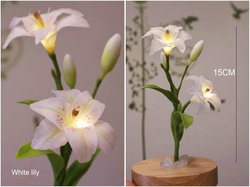 Lampada a forma di fiore in resina, lampada magica a forma di fiore dorato fatta a mano, fiore di Sundelions, lampada floreale in resina, regalo di compleanno, regalo per gli amanti delle fiabe White lily