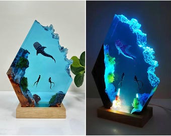 Whale shark Resin Lamp, Ocean Resin Night Light, Scuba Diver Gift, Wooden LED Lamp for Divers