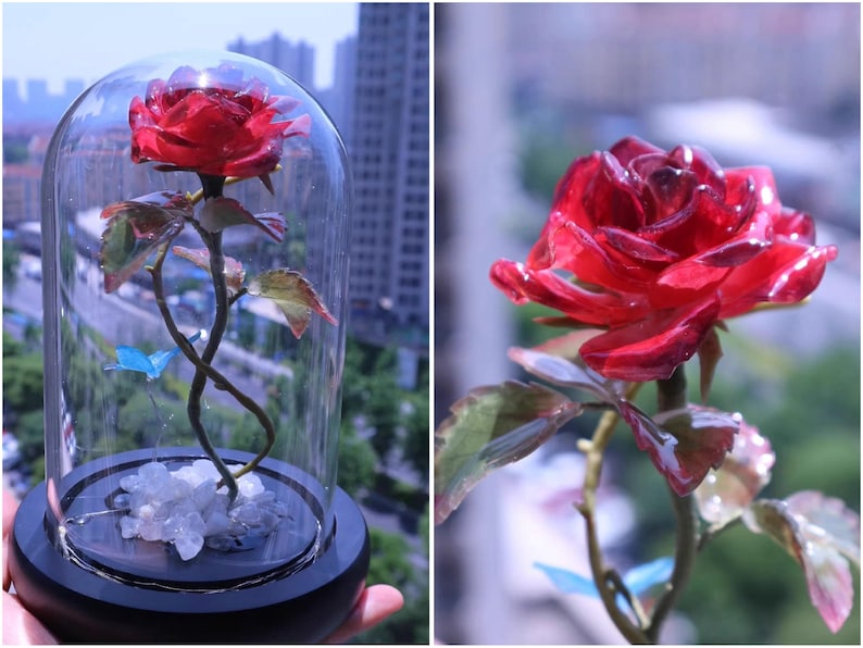 Lampada a forma di fiore in resina, lampada magica a forma di fiore dorato fatta a mano, fiore di Sundelions, lampada floreale in resina, regalo di compleanno, regalo per gli amanti delle fiabe red rose