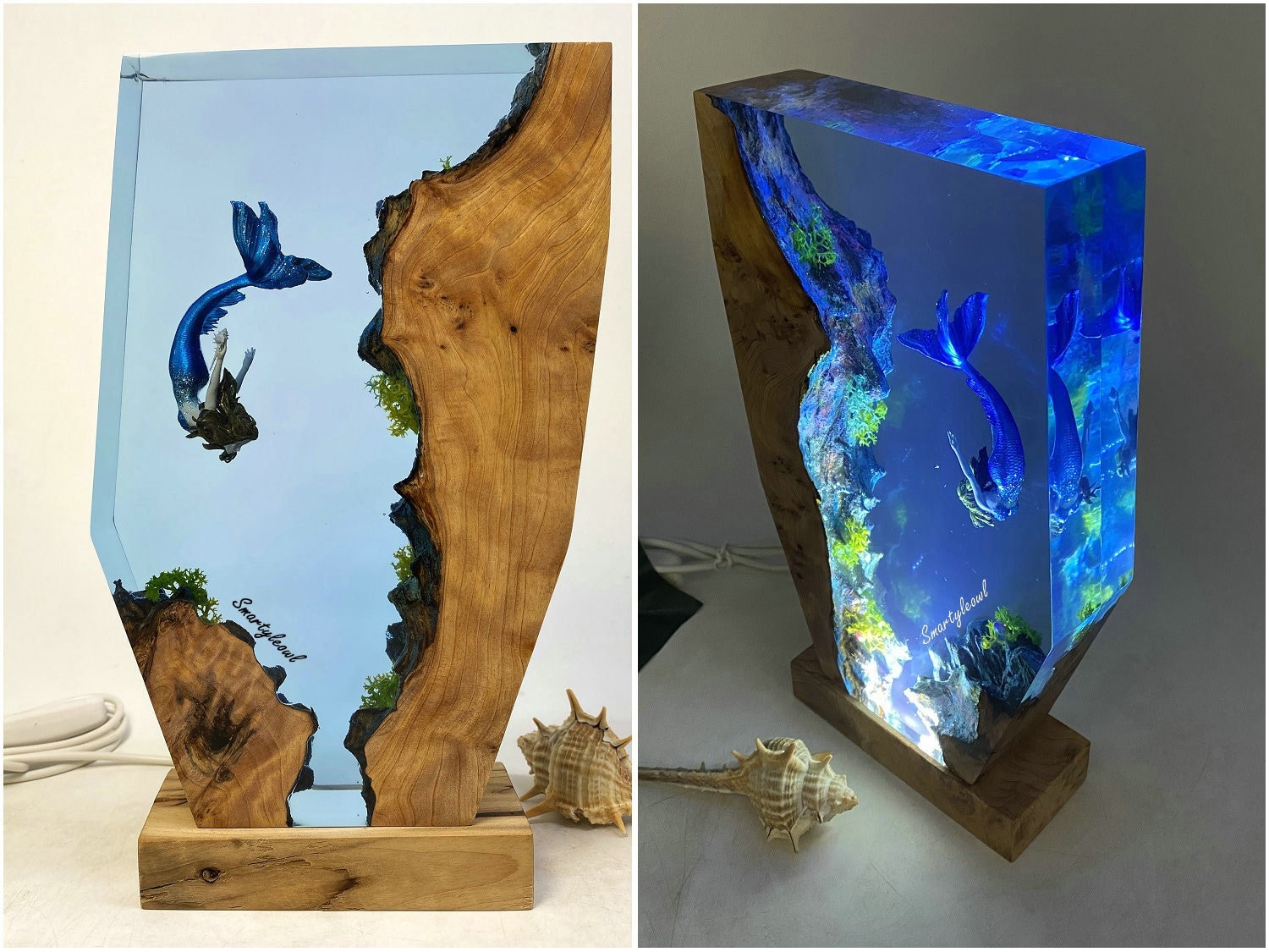 Mermaid Wood Epoxy Resin Light Lamp