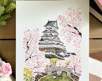 Tokyo Watercolor Art Print | 11x14 Print | Japan Travel Art | Himeji Castle | City Illustration | Cherry Blossoms | Travel Gift | Home Decor