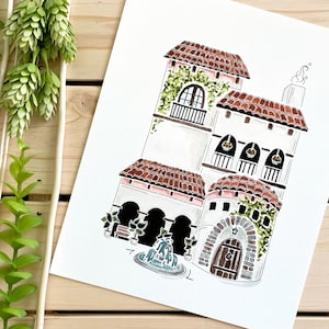 Spaanse Hacienda aquarel Art Print | 8 x 10 afdrukken | Reiskunst | Wanddecoratie | Illustratie huisje | Reiscadeau | Woondecoraties