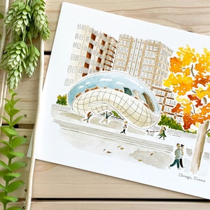 Stampa artistica ad acquerello di Chicago / Stampa 8x10 / Arte di viaggio dell'Illinois / Decorazione murale / Illustrazione della città / Chicago Bean / Regalo di viaggio / Decorazione per la casa