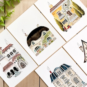 Set of 5 Drawn Dwellings Watercolor Prints | 5x7 Prints | Cottage Core | Farmhouse | Home Decor | Wall Art | Travel | Housewarming Gifts