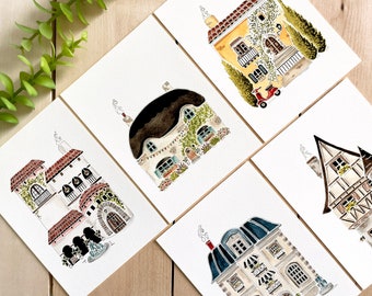 Set of 5 Drawn Dwellings Watercolor Prints | 5x7 Prints | Cottage Core | Farmhouse | Home Decor | Wall Art | Travel | Housewarming Gifts