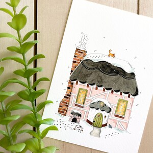 Winter Cottage Watercolor Art Print 5x7 Print Travel Art Wall Decor Cottage Illustration Storybook Travel Gift Cozy Home Decor image 1