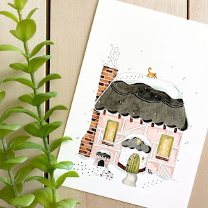 Winter Cottage Watercolor Art Print | 5x7 Print | Travel Art | Wall Decor | Cottage Illustration | Storybook | Travel Gift | Cozy Home Decor