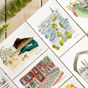 Set van 5 stadsaquarelprints | 5 x 7 afdrukken | Aangepaste muurkunst | Stadsillustraties | Reizen | Woondecoraties | Skyline | Housewarmingcadeaus