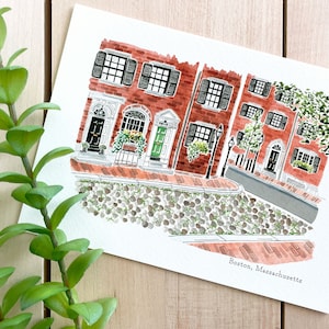 Boston Watercolor Art Print | 5x7 Print | Massachusetts Travel Art | Wall Art | City Illustration | Acorn Street | Travel Gift | Home Decor