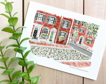 Boston Watercolor Art Print | 5x7 Print | Massachusetts Travel Art | Wall Art | City Illustration | Acorn Street | Travel Gift | Home Decor