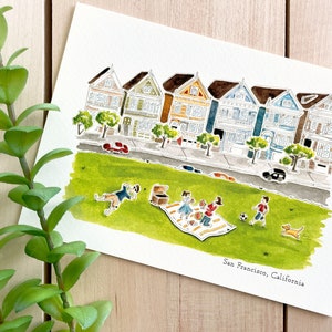 Impresión artística en acuarela de San Francisco / Impresión de 5 x 7 / Arte de viaje a California / Ilustración de la ciudad / Damas pintadas / Regalo de viaje / Decoración del hogar