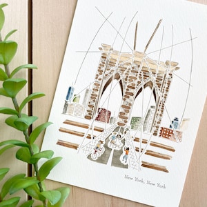 New York aquarel kunstafdruk | 5 x 7 afdrukken | NY-reiskunst | Stadsmuurdecoratie | Stadsillustratie | Brooklyn Bridge | Reiscadeau | Woondecoraties