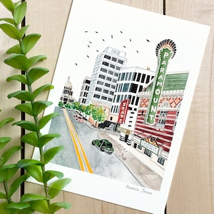 Stampa artistica ad acquerello di Austin / Stampa 5x7 / Arte di viaggio del Texas / Decorazione murale / Illustrazione della città / Texano / Regalo di viaggio / Decorazione per la casa