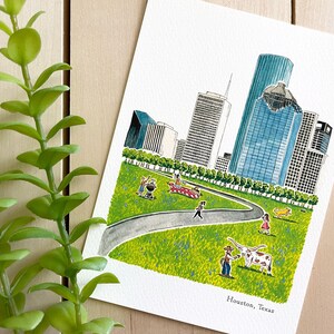 Houston Watercolor Art Print 5x7 Print Texas Travel Art Wall Decor City Illustration Rodeo Travel Gift Home Decor image 1