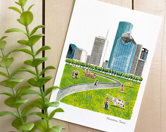 Houston Watercolor Art Print | 5x7 Print | Texas Travel Art | Wall Decor | City Illustration | Rodeo | Travel Gift | Home Decor