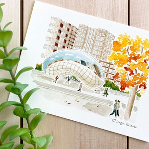 Impresión artística en acuarela de Chicago / Impresión de 5 x 7 / Arte de viaje a Illinois / Decoración de pared / Ilustración de la ciudad / Frijol de Chicago / Regalo de viaje / Decoración del hogar