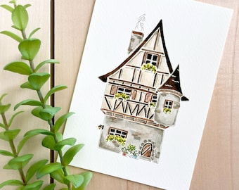 German Tudor Watercolor Art Print | 5x7 Print | Travel Art | Wall Decor | Cottage Illustration | Travel Gift | Home Decor