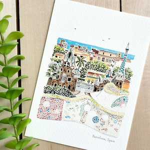 Impression d'art aquarelle de Barcelone | Impression 5 x 7 | Art de voyage en Espagne | Décoration murale urbaine | Illustration de la ville | Parc Güell | Cadeau de voyage | Décoration d'intérieur