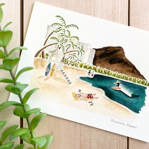 Honolulu aquarel kunstafdruk | 5 x 7 afdrukken | Reiskunst Hawaii | Wanddecoratie | Stadsillustratie | Waikiki Beach | Reiscadeau | Woondecoraties