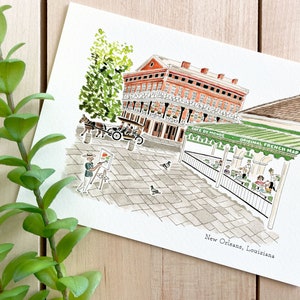 Stampa artistica ad acquerello di New Orleans / Stampa 5x7 / Arte di viaggio della Louisiana / Illustrazione della città / Cafe Du Monde / Regalo di viaggio / Decorazione per la casa