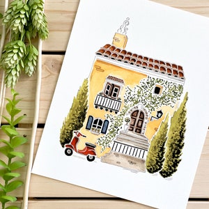 Impresión artística en acuarela de una villa italiana, impresión de 8 x 10, arte de viaje, decoración de pared, ilustración de una cabaña, Toscana, regalo de viaje, decoración del hogar