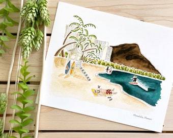 Honolulu Watercolor Art Print | 8x10 Print | Hawaii Travel Art | Wall Decor | City Illustration | Waikiki Beach | Travel Gift | Home Decor