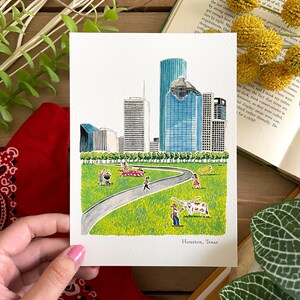 Houston Watercolor Art Print 5x7 Print Texas Travel Art Wall Decor City Illustration Rodeo Travel Gift Home Decor image 2