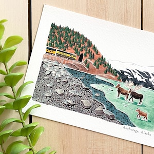 Impresión artística en acuarela de Anchorage / Impresión de 5 x 7 / Arte de viaje a Alaska / Decoración de pared / Ilustración de ciudad / Paisaje / Regalo de viaje / Decoración del hogar
