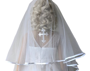 Communion Veil 2 Tier girls White Ivory veil15" 20" Diamante CROSS w comb