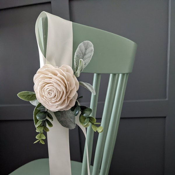 Ivory Flower and Greenery Chair Swag Pew Decor - Wedding Ceremony Aisle Decoration - Easy Aisle End Runner Pew Bow End for Classic Wedding