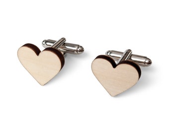 Wood Heart Cufflinks - Valentine's Day Cuff Links Gift Groom, Groomsmen , Father of the Bride, Boyfriend, Husband Fifth Anniversary Gift
