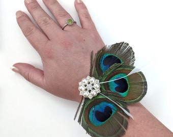 Peacock Feather Corsage - Mother of the Bride and Groom Wrist Corsage - Alternative Nosegay Posy Flower