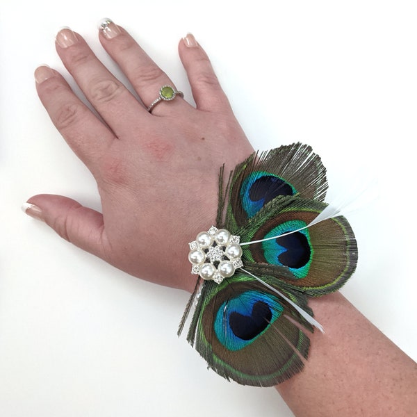 Peacock Feather Corsage - Mother of the Bride and Groom Wrist Corsage - Alternative Nosegay Posy Flower