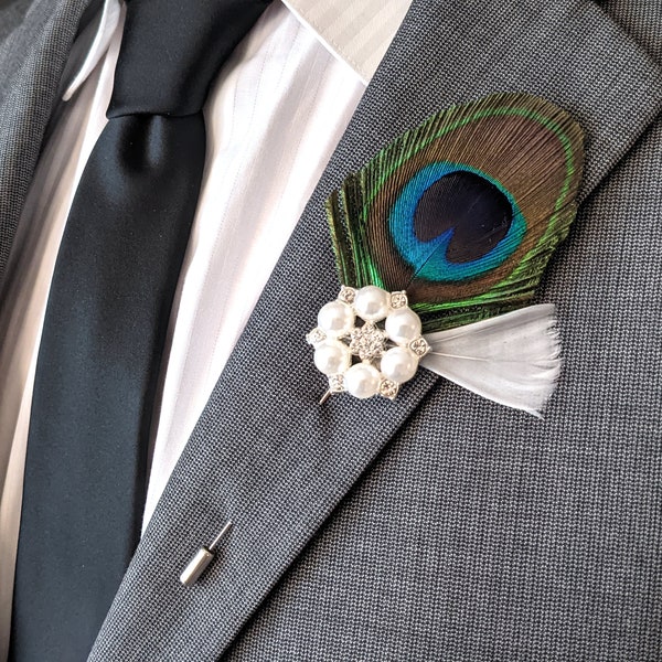 Peacock Feather Boutonniere with Pearl and White Feather Accent - Groomsmen Groom Father of the Bride and Groom