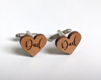 Wood Heart Dad Cufflinks - Gift Cuff Links for Father of the Bride and Father of the Groom - Father's Day Present Gift for Dad