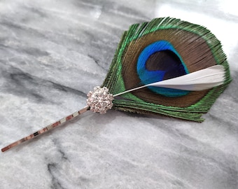 Peacock Feather Hair Pin with Pearl and White Feather Accent - Bridesmaid Bride Mother of the Bride and Groom Fascinator Head Piece