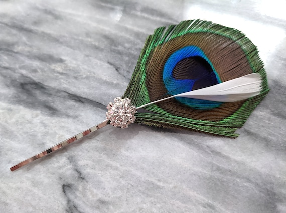 Peacock Feather Hair Pin With Pearl and White Feather Accent Bridesmaid Bride Mother of the Bride and Groom Fascinator Head Piece Etsy
