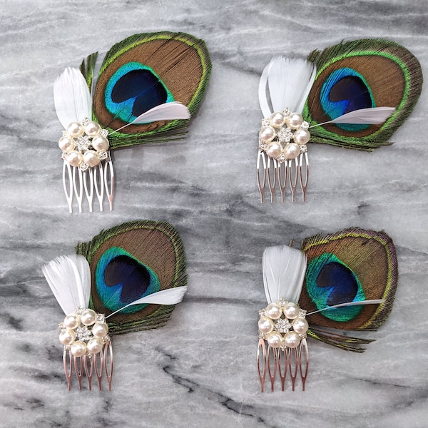 Peacock Feather Comb with Pearl and White Feather Accent - Bridesmaid Bride Mother of the Bride and Groom Fascinator Head Piece