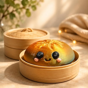 May include: A whimsical, golden-hued dumpling character with black eyes and pink cheeks sits in a bamboo steamer. The steamer is next to a closed bamboo steamer, suggesting a food-themed item.