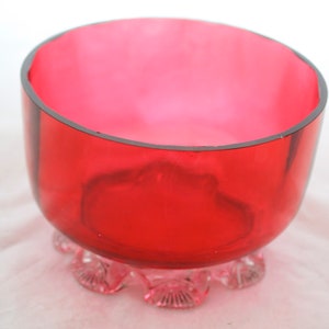 Antique Victorian Cranberry Glass Bowl with Clear Glass Frill Base Scallop Body