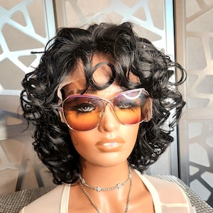 Black Wig Wavy Wig Short Curly Wig Lace Front Wig Black Curly Wig Human Hair Blend Glueless Black Lace Wig Daily Wear Hair Loss Heat Safe