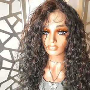 Black Curly Wig, Wavy wig,HD Lace Wig  Free Parting wig, Human hair Blend Auburn Balayage Highlights Glueless Wig Daily Wear Hair Loss