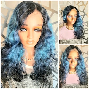 Blue Wig Wavy Wig Lace Front Blue Black Wig Human Hair Blend Ombre Blue Lace Wig Curly Blue Hair Glueless Wig, Hair loss Heat Safe Blue Wig