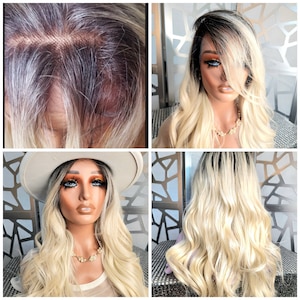 Wavy Wig Blonde Wig Ombre Platinum Blonde Wig Lace Wig Free Part Wig 13x4 Human Hair Blend White Blonde wig with Layers Hairloss Dailywear