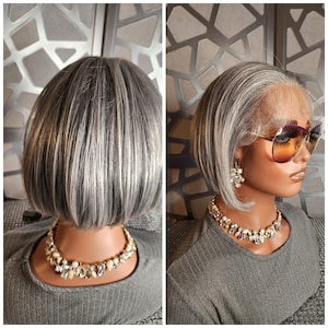 Grey Human Hair Wig: Short Straight Remy Hair, 13x6 Lace Front