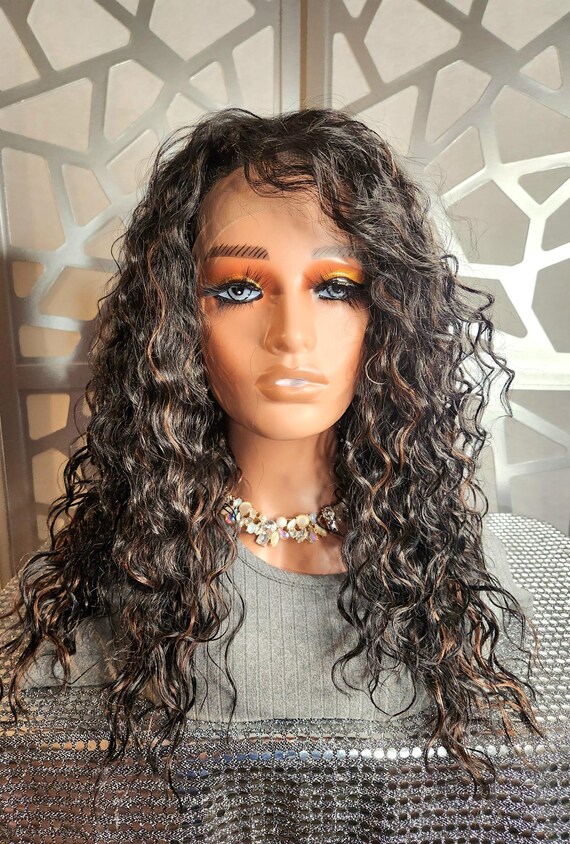 Human hair blend black curly wavy wig CARE FREE Curly Style Human Hair Blend Lace Front Wig Center  main image 4